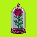 A vibrant red rose under a glass cloche with an ornate brown and gold base, set against a lime-green background.