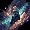 Androgynous figure in three-quarter view, head bowed, stands within a swirling cosmic nebula of blues, purples, oranges, and yellows, with scattered white and yellow stars.