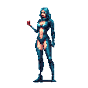 Female cyborg figure, facing left, holding a small red object in her extended right hand against a teal background.