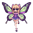 Stylish blonde pixie with cat ears and large butterfly wings, wearing sunglasses and a purple outfit, performing a hip-hop dance.