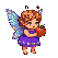 A small fairy with curly brown hair, large blue eyes, and translucent purple and blue wings holds a plump red fruit against its chest. The fairy wears a sleeveless purple dress with a floral hem.