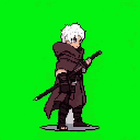 Anime-style male character in a three-quarter profile, facing right, holding a sheathed katana vertically. He wears a layered dark brown cloak with a hood, white tousled hair, and fingerless gloves. The character stands against a solid green background.