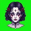 A stylized portrait of a pale-skinned woman with dark indigo hair adorned with red flowers. She has large, heavily made-up eyes with red streaks running down from them. A small, dark cross with a red center sits on her forehead. Her dark red lips are slightly parted. She wears a white ruffled collar stained with red splotches and drips, with an ornate pendant featuring a red gemstone. The background is a vibrant lime green.