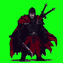 A male warrior in dark armor and a crimson cape stands facing forward, left hand on his hip, with two swords crossed on his back, against a solid lime green background.