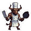 Minotaur chef with a cleaver and frying pan.