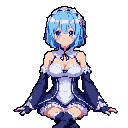 Stylized pixel art bust portrait of a female character with light blue hair, blue eyes, and a pale complexion. She wears a black and white maid uniform with lace details and a white apron. Her arms are outstretched with palms open in a welcoming gesture against a dark purple-blue background.