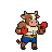 A muscular bull wearing red boxing gloves and blue shorts, standing in a fighting stance with a determined expression.