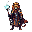 Anthropomorphic lion warrior with a glowing blue orb on a staff, wearing dark armor and a cape.
