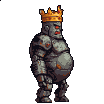 Stout, armored kingly automaton with a golden crown and glowing red eyes, mid-jump, wearing grey and rust-colored armor with a rounded belly.