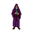 A cloaked figure in deep purple, hood obscuring their face, drinks from a small, glowing green vial.