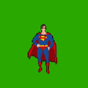 Superman standing with hands on hips, wearing his classic red and blue suit with a red cape and yellow belt.