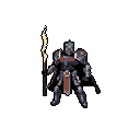 Heavily armored warrior with dark armor, a helmet, and a dark cape, standing centered and holding a tall staff with a glowing golden-white tip.