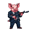 A pig wearing a suit and tie aims a rifle.