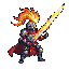 Heavily armored knight with a flaming sword held diagonally upwards, a plume of fire erupting from their helmet.