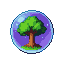 A pixelated green tree on a grassy mound inside a pulsing, transparent bubble with a starry purple background.