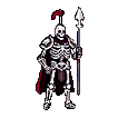 Skeletal warrior in ornate metallic armor and a dark red cape with a red plume, holding a spear upright and resting its left hand on its hip, against a black background.