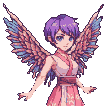 Young woman with short purple hair, blue eyes, and pink and blue feathered wings, wearing a pink dress with a pink sash, in a poised pose.