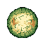 A textured, circular orb with a yellow core, mossy green edges, and two orange-brown patches, set against a solid olive-green background.