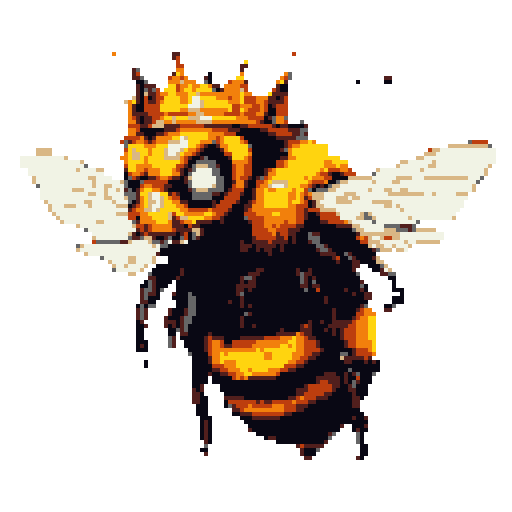 A stylized bee with black and yellow stripes, wearing an ornate golden crown, with spread wings.