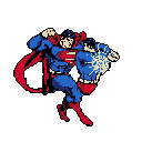 Superman in a dynamic pose, punching with a burst of light and energy. His red cape billows behind him against a dark blue background.