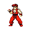 A martial artist in red attire with a pompadour, in a ready stance with clenched fists.