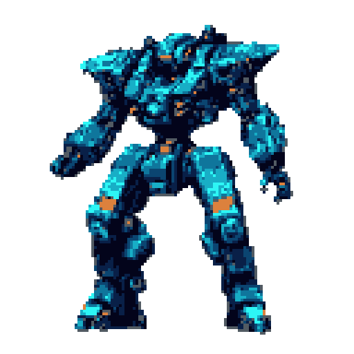 A large, bipedal mech with a complex, blocky design, rendered in shades of blue and orange against a solid gray background.