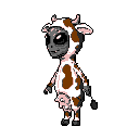 A dark grey alien with black oval eyes wears a white and brown cow costume featuring ears, horns, and a pink udder.