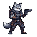 Anthropomorphic wolf character in tactical gear, holding a handgun.