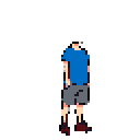 A simplified, blocky humanoid figure with a blank head, wearing a blue t-shirt and grey shorts, stands with arms at its sides against a plain grey background.
