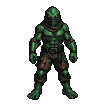 A green reptilian warrior in segmented armor and brown trousers, wearing a dark cowl, stands in a dynamic fighting pose.