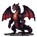 A bipedal dragon with dark brown scales, glowing orange eyes, and jagged teeth, its mouth open in a roar. Two large, leathery wings are spread wide behind its hunched, powerful body. Fiery orange and red accents highlight its chest, claws, and wing membranes. It stands against a solid grayish-purple background with a subtle shadow beneath its feet.