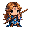 A pixel art character with auburn hair, large eyes, and a serene expression plays a flute. They wear a blue tunic with gold accents, brown boots, and a blue gem on their forehead.