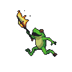 A green frog character runs left, holding a flickering torch aloft.