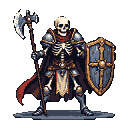 Skeletal warrior in segmented gray and blue armor, holding a double-headed battle axe and an ornate shield with a golden emblem, wearing a red cape and tabard, against a dark background.