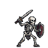 Monochromatic pixel art skeletal warrior holding a weapon and shield.