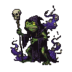 Sinister frog necromancer in dark robes, holding a skull-topped staff, with glowing yellow eyes and swirling purple spectral wisps.