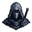 Hooded warrior with red eyes, head slowly turning from left to right, conveying stealth and vigilance.