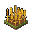 Isometric pixel art crops: a head of lettuce, carrots, and corn on earthy plots, gently swaying.