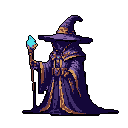 A robed wizard figure in three-quarter profile holds a staff with a glowing turquoise flame.