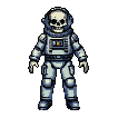Skeletal figure in a bulky, retro-futuristic spacesuit walks left.