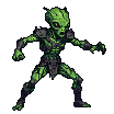Lean green alien fighter in dark armor, fists clenched, in a defensive stance with a wary expression.