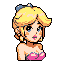 Stylized pixel art bust of a young woman with pale yellow hair, light peach skin, and wide blue eyes, wearing a pink top and a blue bow in her hair.