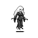 A mournful female ghost with long white hair and a tattered dark dress, arms outstretched, floating above a dark line against a dark grey background.