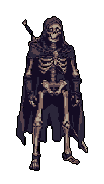 A full-body, upright humanoid skeleton wearing tattered dark robes and a hooded cloak, standing against a solid brown-mauve background.