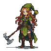 Fierce elven warrior in green armor and pointed cap, auburn hair flowing, raises axe for attack.