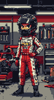 Determined racer in a red and white firesuit stands confidently in a bustling garage, with tools and a race car visible.