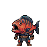 Aquatic warriors with fish heads: a piranha, marlin, anglerfish with lure, barracuda, and pufferfish, in pixel art.
