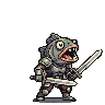 Ferocious warrior with a fish head, wearing metallic armor, lunges forward with a gleaming sword held high, baring sharp teeth in a menacing snarl.