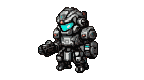 Futuristic armored mech with glowing cyan visor running.
