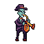 A pale greenish-blue humanoid figure in a purple suit and fedora plays an orange and yellow saxophone against a dark gray background.